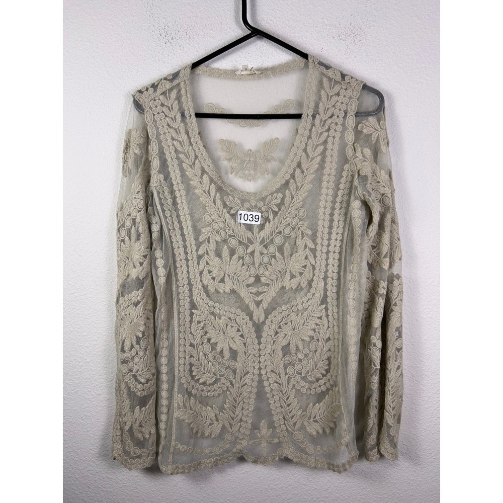 Capa Womens Beige Sheer Mesh Floral Embroidered Lace Long Sleeve Top Size M